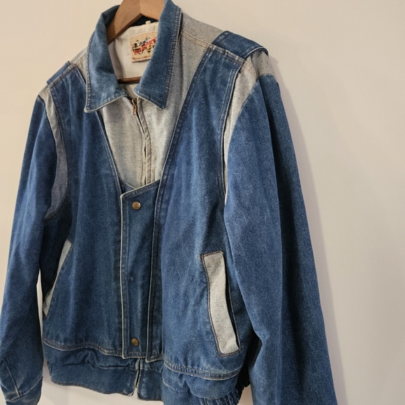 Vintage 80's 90's Denim Patchwork Distressed Bomber Jacket Large - Picture 2 of 11